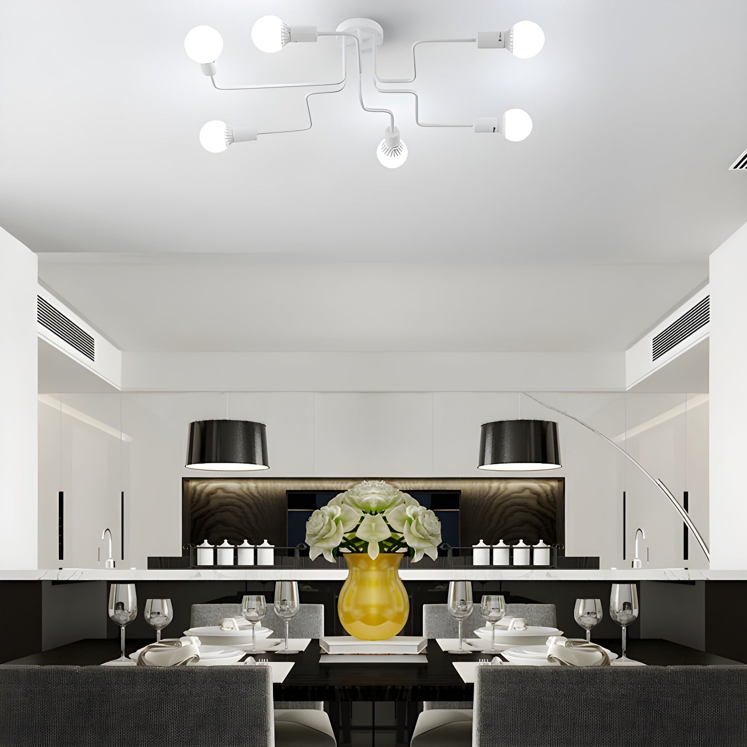 Vintage Exposed Ceiling Flush Mount 4/6-Light Metallic Semi Flush Light with Sputnik Design in Antique Brass/Black 6 White Clearhalo 'Ceiling Lights' 'Close To Ceiling Lights' 'Close to ceiling' 'Semi-flushmount' Lighting' 138217