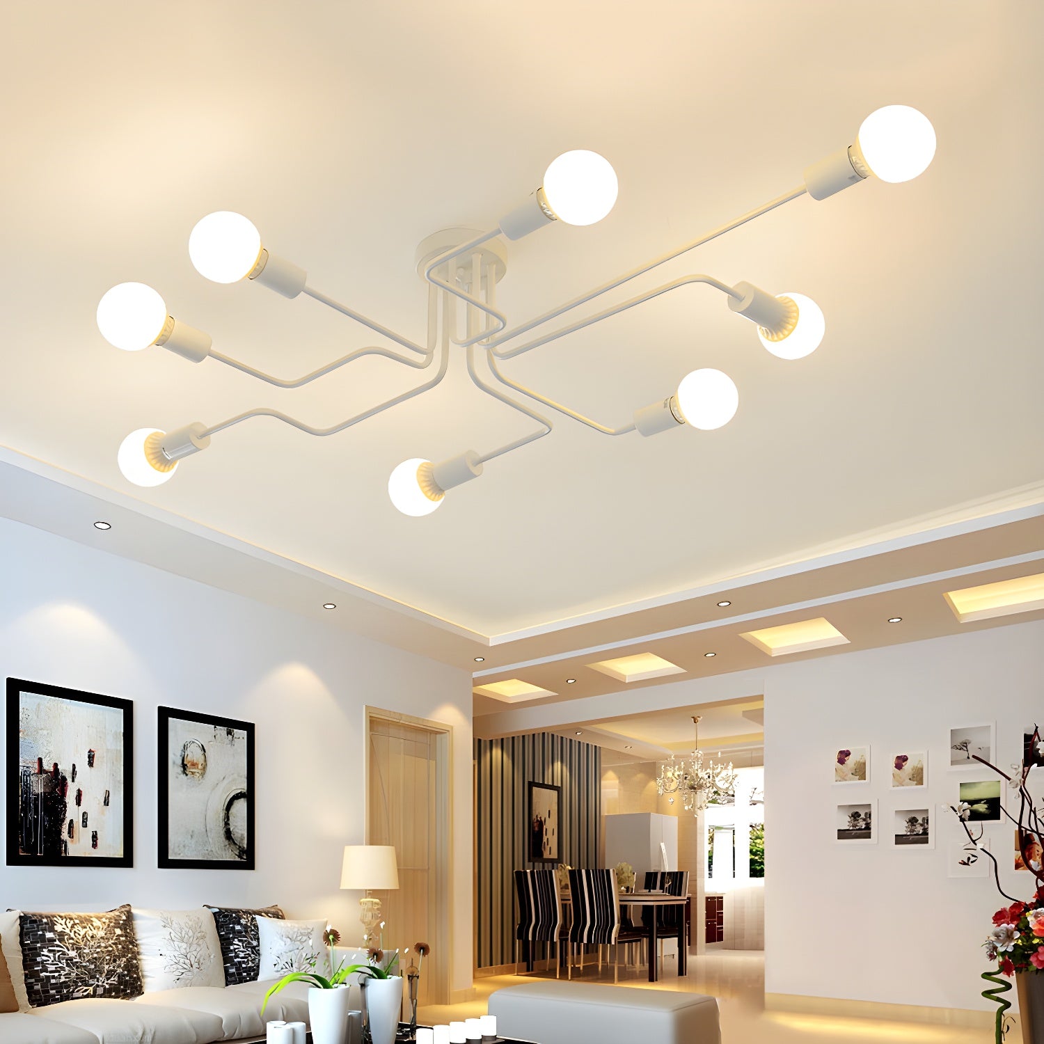 Vintage Exposed Ceiling Flush Mount 4/6-Light Metallic Semi Flush Light with Sputnik Design in Antique Brass/Black 8 White Clearhalo 'Ceiling Lights' 'Close To Ceiling Lights' 'Close to ceiling' 'Semi-flushmount' Lighting' 138221