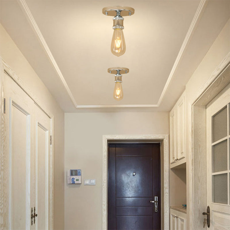 Black/Brass Finish Expose Bulb Ceiling Lighting Retro Industrial Metal 1 Light Balcony Semi Flush Mount Light Chrome Clearhalo 'Ceiling Lights' 'Close To Ceiling Lights' 'Close to ceiling' 'Semi-flushmount' Lighting' 138333
