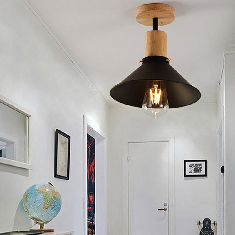 8"/10" Wide Conic Metal Semi-Flush Mount Light Loft Style 1 Bulb Foyer Ceiling Light with Wooden Canopy in Black Black Clearhalo 'Ceiling Lights' 'Close To Ceiling Lights' 'Close to ceiling' 'Semi-flushmount' Lighting' 138418