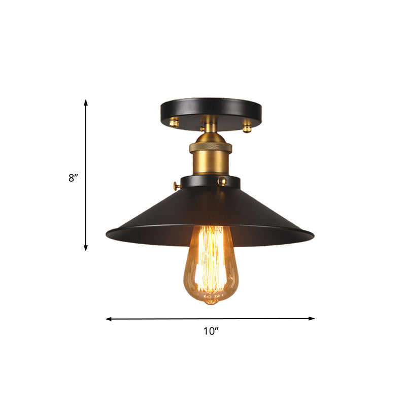 9.5"/10" Dia Flat Shade Corridor Ceiling Mounted Light Industrial Metallic 1 Head Semi Flush Light in Black Clearhalo 'Ceiling Lights' 'Close To Ceiling Lights' 'Close to ceiling' 'Semi-flushmount' Lighting' 138441