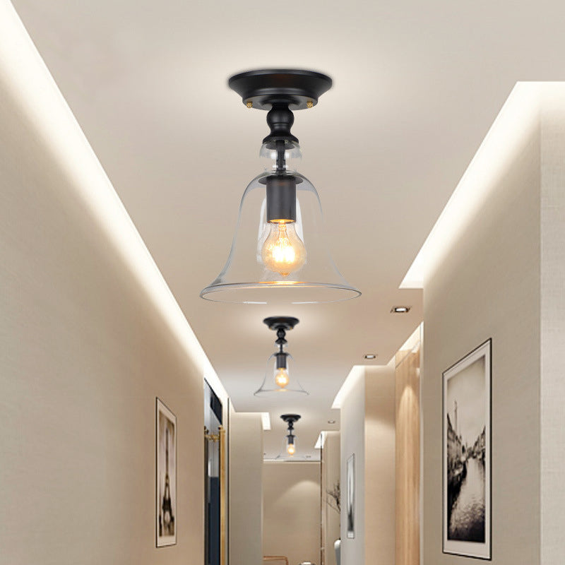 One Bulb Ceiling Lighting Industrial Flared Shade Clear Glass Semi Flush Mount Light in Black Clearhalo 'Ceiling Lights' 'Close To Ceiling Lights' 'Close to ceiling' 'Glass shade' 'Glass' 'Semi-flushmount' Lighting' 138465
