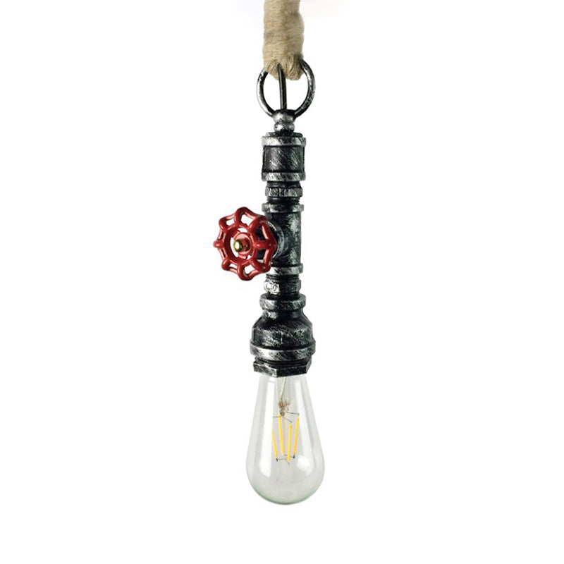 Wrought Iron Pipe Hanging Fixture Industrial 1 Light Indoor Pendant Lamp with Adjustable Rope in Aged Silver/Weathered Copper Clearhalo 'Art Deco Pendants' 'Cast Iron' 'Ceiling Lights' 'Ceramic' 'Crystal' 'Industrial Pendants' 'Industrial' 'Metal' 'Middle Century Pendants' 'Pendant Lights' 'Pendants' 'Tiffany' Lighting' 138645