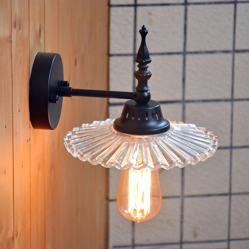 Clear/Green Glass Black Sconce Light Cone/Wide Flare 1-Light Industrial Wall Lamp Fixture for Living Room Clear Wide Flare Clearhalo 'Cast Iron' 'Glass' 'Industrial wall lights' 'Industrial' 'Middle century wall lights' 'Modern' 'Tiffany' 'Traditional wall lights' 'Wall Lamps & Sconces' 'Wall Lights' Lighting' 138752