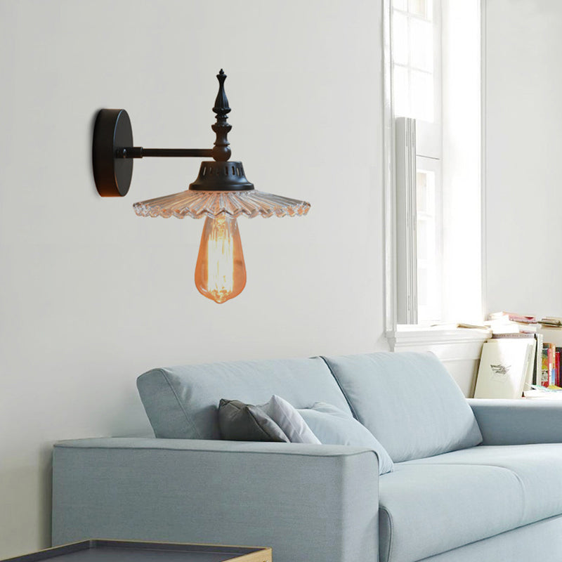 Clear/Green Glass Black Sconce Light Cone/Wide Flare 1-Light Industrial Wall Lamp Fixture for Living Room Clearhalo 'Cast Iron' 'Glass' 'Industrial wall lights' 'Industrial' 'Middle century wall lights' 'Modern' 'Tiffany' 'Traditional wall lights' 'Wall Lamps & Sconces' 'Wall Lights' Lighting' 138753