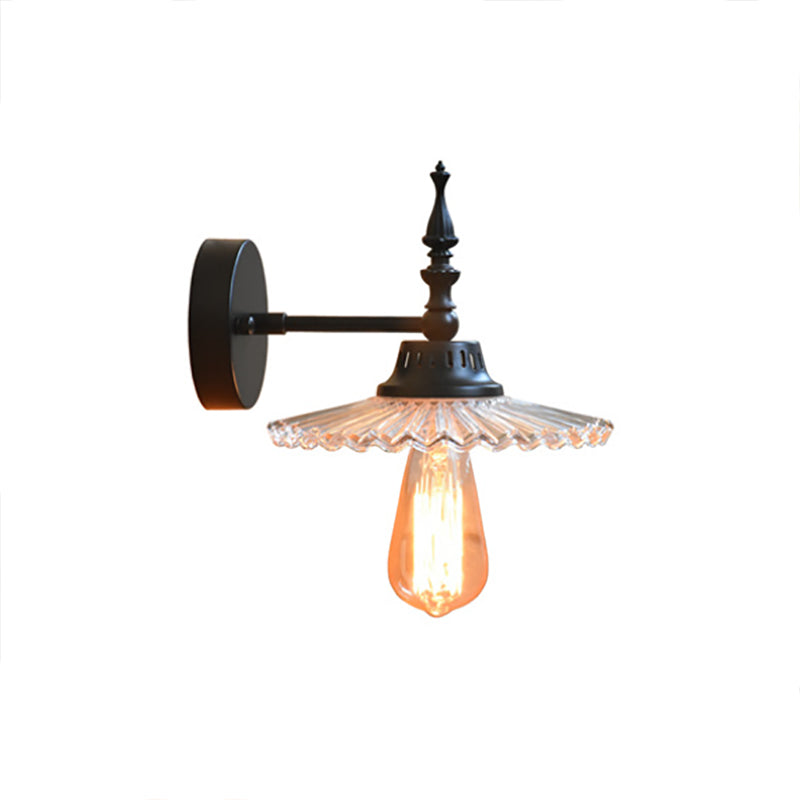 Clear/Green Glass Black Sconce Light Cone/Wide Flare 1-Light Industrial Wall Lamp Fixture for Living Room Clearhalo 'Cast Iron' 'Glass' 'Industrial wall lights' 'Industrial' 'Middle century wall lights' 'Modern' 'Tiffany' 'Traditional wall lights' 'Wall Lamps & Sconces' 'Wall Lights' Lighting' 138754