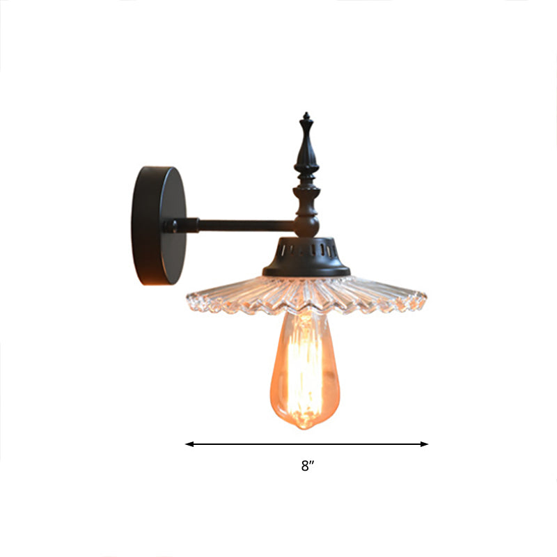 Clear/Green Glass Black Sconce Light Cone/Wide Flare 1-Light Industrial Wall Lamp Fixture for Living Room Clearhalo 'Cast Iron' 'Glass' 'Industrial wall lights' 'Industrial' 'Middle century wall lights' 'Modern' 'Tiffany' 'Traditional wall lights' 'Wall Lamps & Sconces' 'Wall Lights' Lighting' 138755