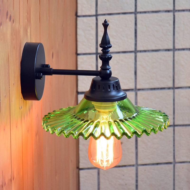 Clear/Green Glass Black Sconce Light Cone/Wide Flare 1-Light Industrial Wall Lamp Fixture for Living Room Green Wide Flare Clearhalo 'Cast Iron' 'Glass' 'Industrial wall lights' 'Industrial' 'Middle century wall lights' 'Modern' 'Tiffany' 'Traditional wall lights' 'Wall Lamps & Sconces' 'Wall Lights' Lighting' 138756