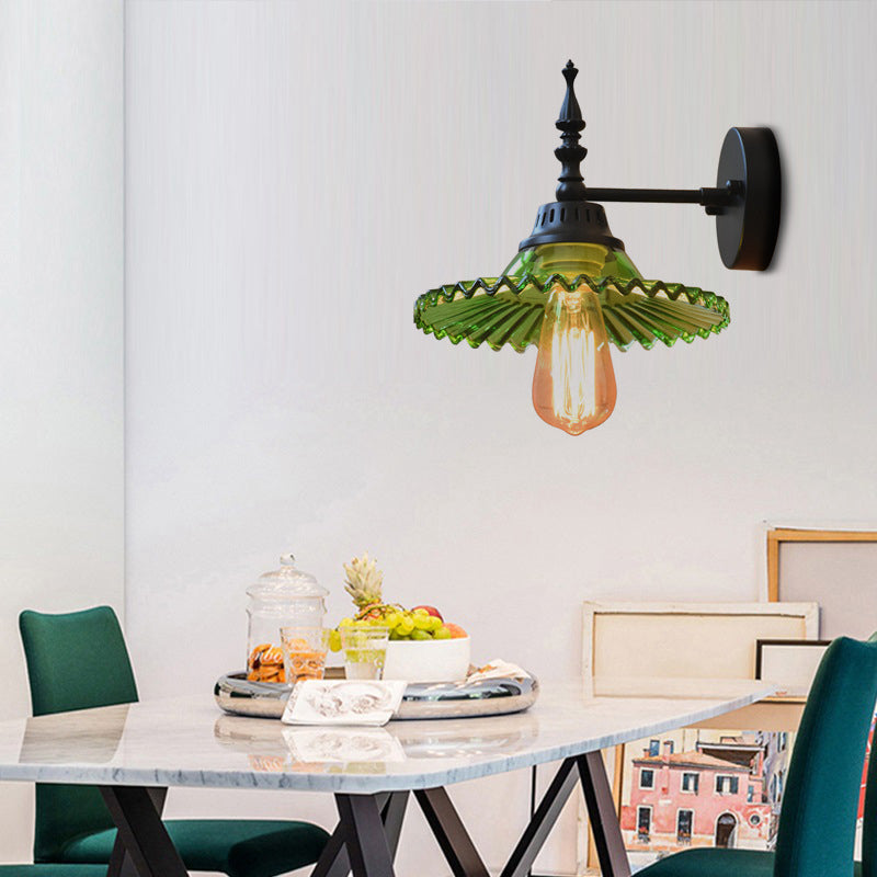 Clear/Green Glass Black Sconce Light Cone/Wide Flare 1-Light Industrial Wall Lamp Fixture for Living Room Clearhalo 'Cast Iron' 'Glass' 'Industrial wall lights' 'Industrial' 'Middle century wall lights' 'Modern' 'Tiffany' 'Traditional wall lights' 'Wall Lamps & Sconces' 'Wall Lights' Lighting' 138757