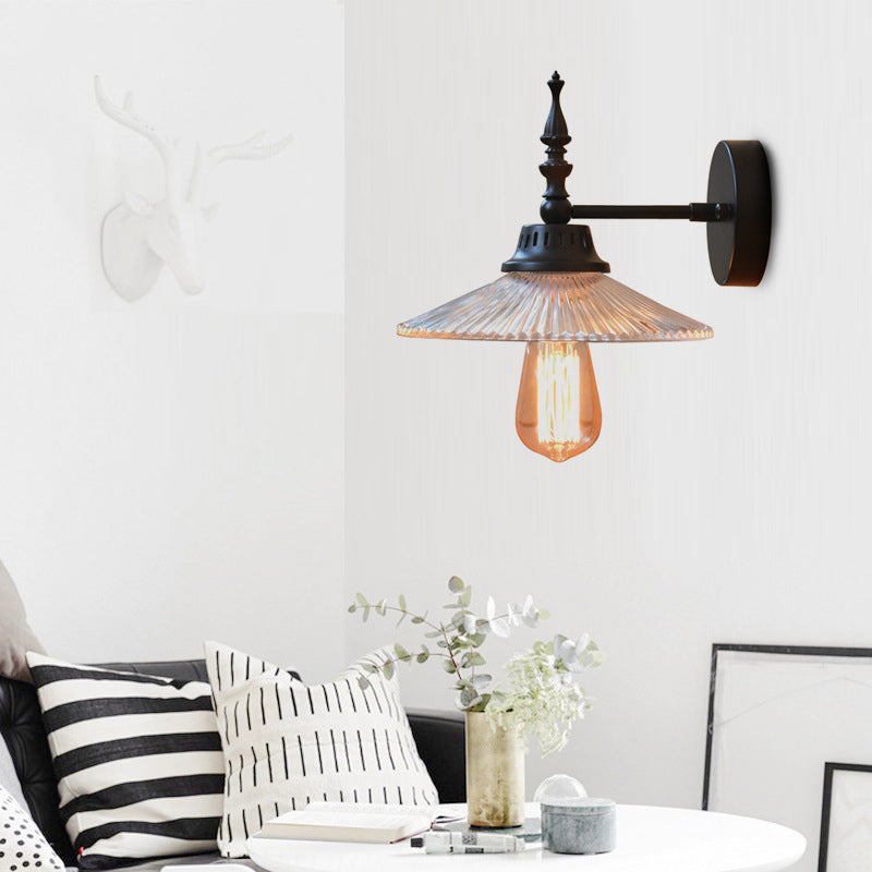 Clear/Green Glass Black Sconce Light Cone/Wide Flare 1-Light Industrial Wall Lamp Fixture for Living Room Clearhalo 'Cast Iron' 'Glass' 'Industrial wall lights' 'Industrial' 'Middle century wall lights' 'Modern' 'Tiffany' 'Traditional wall lights' 'Wall Lamps & Sconces' 'Wall Lights' Lighting' 138760