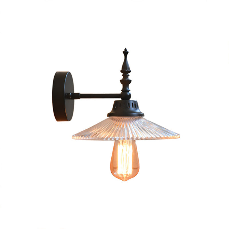 Clear/Green Glass Black Sconce Light Cone/Wide Flare 1-Light Industrial Wall Lamp Fixture for Living Room Clearhalo 'Cast Iron' 'Glass' 'Industrial wall lights' 'Industrial' 'Middle century wall lights' 'Modern' 'Tiffany' 'Traditional wall lights' 'Wall Lamps & Sconces' 'Wall Lights' Lighting' 138761