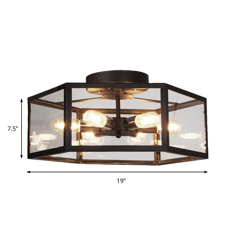 6 Bulbs Semi Flush Mount Vintage Geometric Clear Glass Ceiling Light in Black for Kitchen Clearhalo 'Ceiling Lights' 'Close To Ceiling Lights' 'Close to ceiling' 'Semi-flushmount' Lighting' 138957