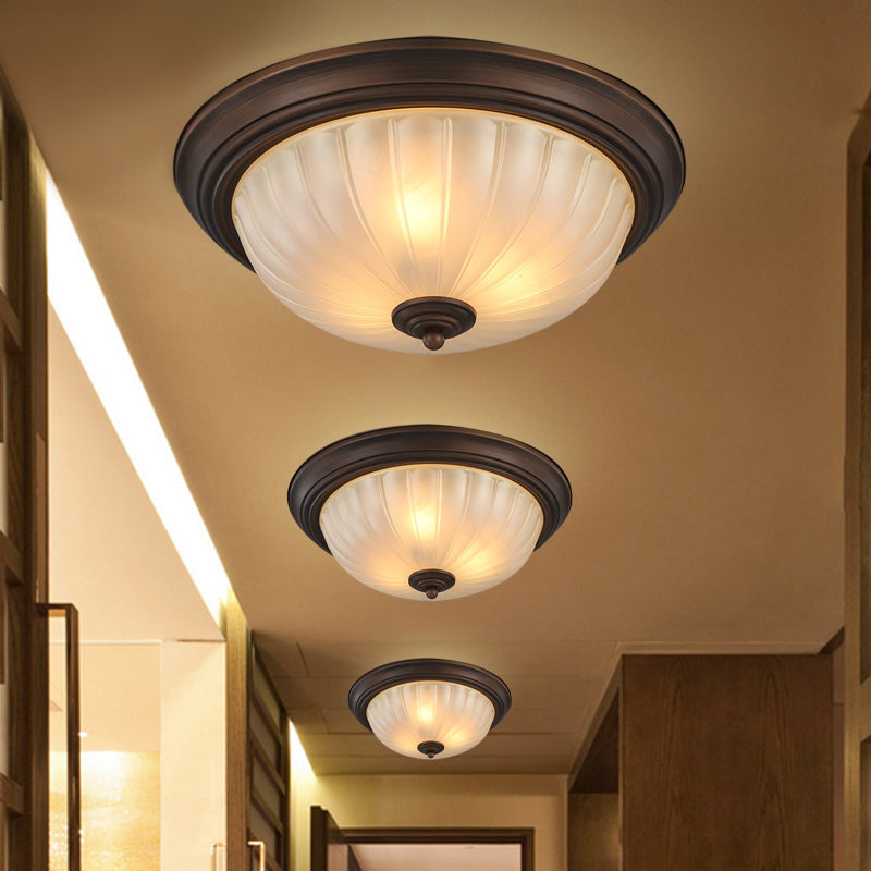 Bowl Frosted Ribbed Glass Flush Fixture Vintage Style 2 Bulbs Hallway Light Fixture in Black Clearhalo 'Ceiling Lights' 'Close To Ceiling Lights' 'Close to ceiling' 'Flush mount' 'Industrial Flush Mount' Lighting' 138995