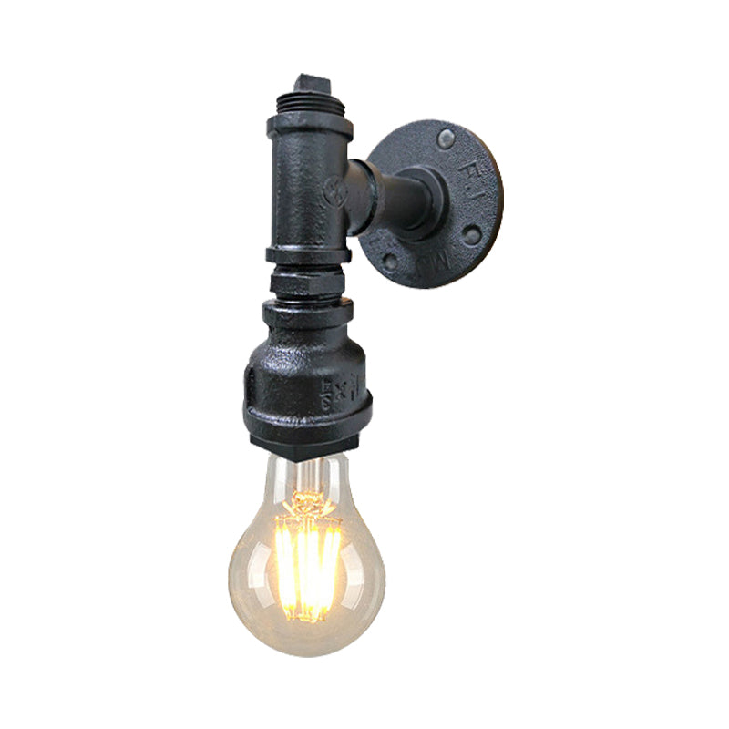 1 Light Iron Wall Sconce Lighting Industrial Black/Aged Silver Bare Bulb Indoor Wall Mounted Lamp with Water Pipe Clearhalo 'Art deco wall lights' 'Cast Iron' 'Glass' 'Industrial wall lights' 'Industrial' 'Middle century wall lights' 'Modern' 'Rustic wall lights' 'Tiffany' 'Traditional wall lights' 'Wall Lamps & Sconces' 'Wall Lights' Lighting' 139078