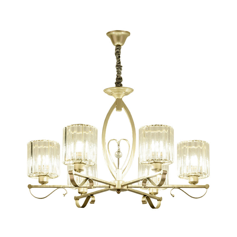 Crystal Cylindrical Suspension Light Traditional 3/6 Heads Sitting Room Chandelier Pendant Lamp in Gold Clearhalo 'Ceiling Lights' 'Chandeliers' Lighting' options 1391766
