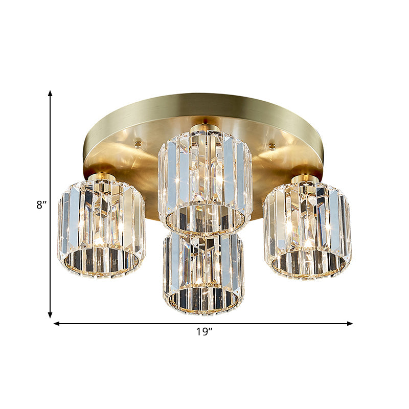 Contemporary Cylindrical Semi Flush Lighting 4 Bulbs Crystal Close to Ceiling Chandelier in Gold Clearhalo 'Ceiling Lights' 'Close To Ceiling Lights' 'Close to ceiling' 'Semi-flushmount' Lighting' 1391902