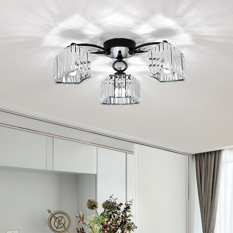 3/6 Heads Trapezoid Semi Flush Light Modern Black Finish Clear Crystal Flush Mounted Lamp Fixture Clearhalo 'Ceiling Lights' 'Close To Ceiling Lights' 'Close to ceiling' 'Semi-flushmount' Lighting' 1391904