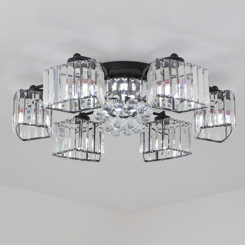 3/6 Heads Trapezoid Semi Flush Light Modern Black Finish Clear Crystal Flush Mounted Lamp Fixture Clearhalo 'Ceiling Lights' 'Close To Ceiling Lights' 'Close to ceiling' 'Semi-flushmount' Lighting' 1391908
