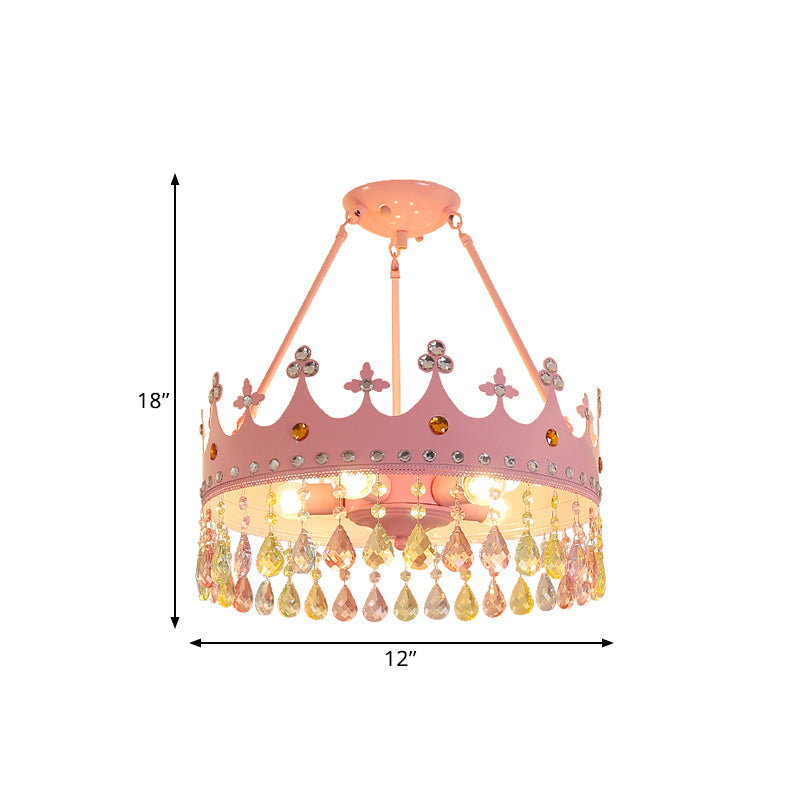 3/5 Lights Crystal Semi Mount Lighting Modern Pink Crown Bedroom Ceiling Mounted Fixture, 12"/18" Wide Clearhalo 'Ceiling Lights' 'Close To Ceiling Lights' 'Close to ceiling' 'Semi-flushmount' Lighting' 1391920
