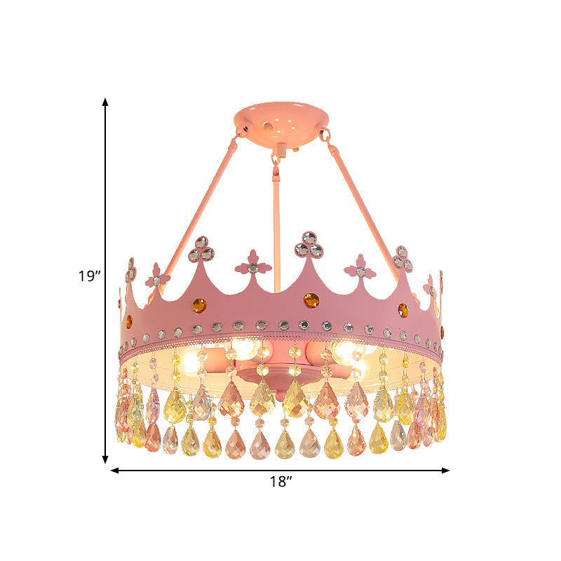 3/5 Lights Crystal Semi Mount Lighting Modern Pink Crown Bedroom Ceiling Mounted Fixture, 12"/18" Wide Clearhalo 'Ceiling Lights' 'Close To Ceiling Lights' 'Close to ceiling' 'Semi-flushmount' Lighting' 1391921