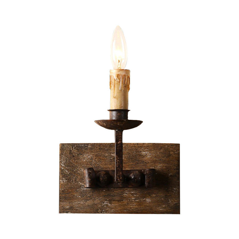 Rustic Style Candelabra Wall Light Fixture 1/2/3-Bulb Metallic Wall Mount Lamp in Brown with Rectangle Wood Backplate Clearhalo 'Wall Lamps & Sconces' 'Wall Lights' Lighting' 1392044