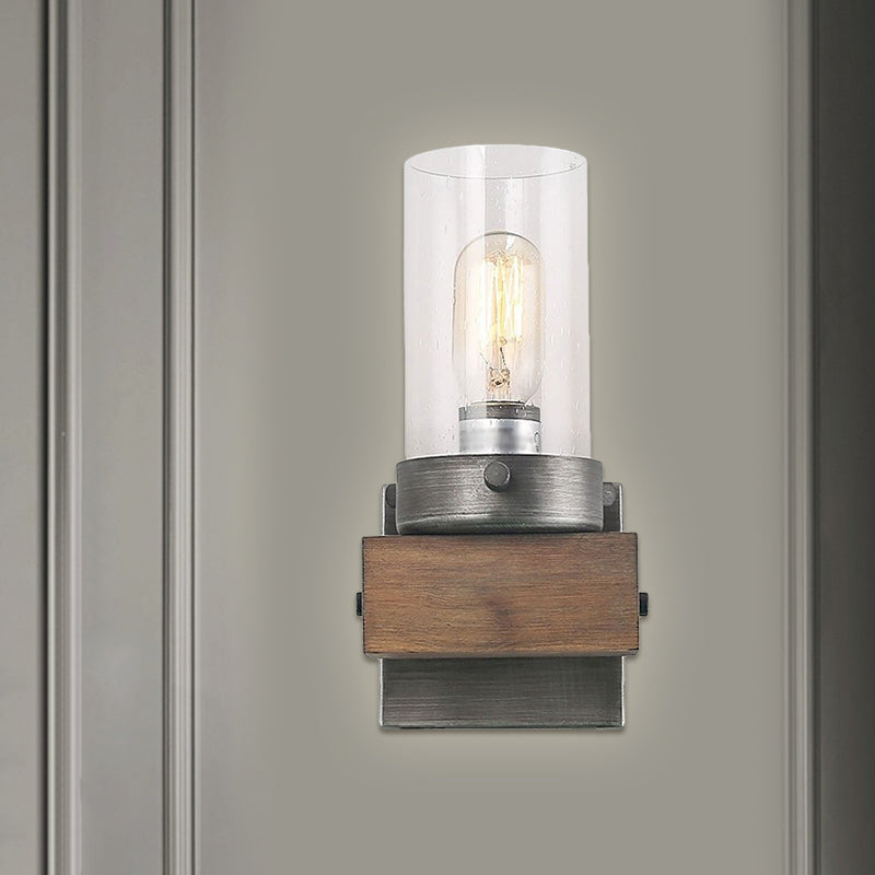 Countryside Cylindrical Wall Sconce Light 1/2-Light Clear Glass Wall Mount Lamp Fixture in Brown 1.0 Brown Clearhalo 'Wall Lamps & Sconces' 'Wall Lights' Lighting' 1392069