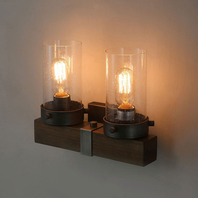 Countryside Cylindrical Wall Sconce Light 1/2-Light Clear Glass Wall Mount Lamp Fixture in Brown Clearhalo 'Wall Lamps & Sconces' 'Wall Lights' Lighting' 1392076