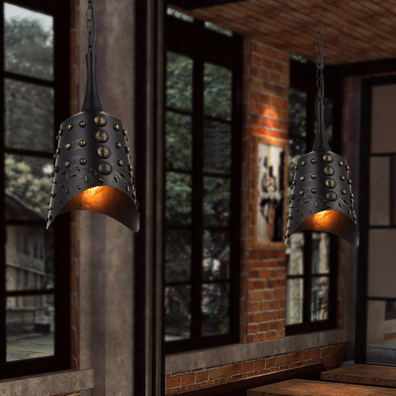 Bell Shape Bar Drop Pendant Light Antiqued Metallic 1-Light Black Finish Suspension Lamp Black Clearhalo 'Art Deco Pendants' 'Black' 'Cast Iron' 'Ceiling Lights' 'Ceramic' 'Crystal' 'Industrial Pendants' 'Industrial' 'Metal' 'Middle Century Pendants' 'Pendant Lights' 'Pendants' 'Rustic Pendants' 'Tiffany' Lighting' 1392165