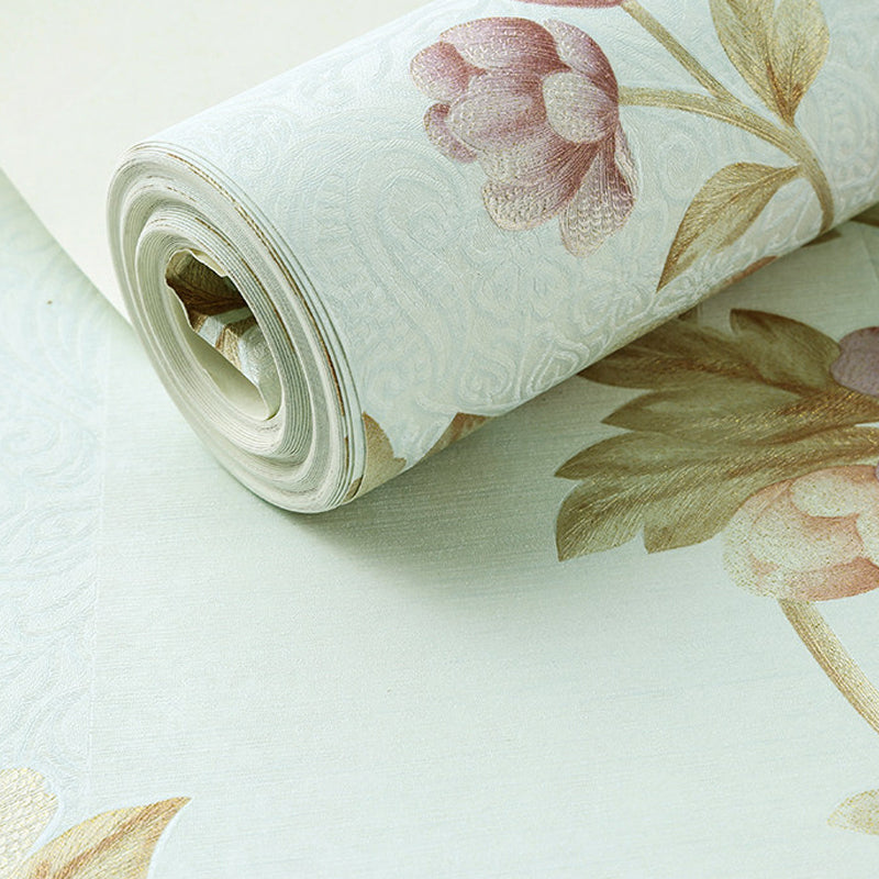 Vinyl Soft Color Wallpaper Rural Blooming Peonies Patterned Wall Covering, 31' x 20.5" Light Green Clearhalo 'Country wall decor' 'Rustic' 'Wallpaper' Wall Decor' 1392700