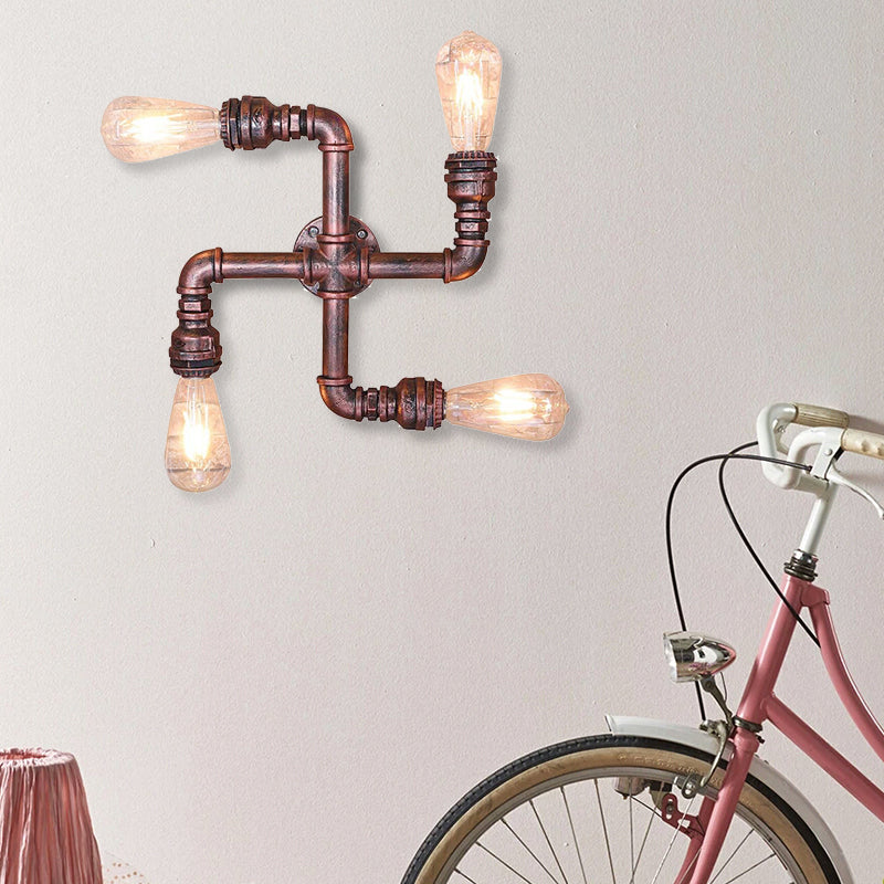 Water Pipe Wrought Iron Sconce Lamp with Exposed Bulb Industrial 4 Lights Restaurant Wall Light in Antique Copper Weathered Copper Clearhalo 'Art deco wall lights' 'Cast Iron' 'Glass' 'Industrial wall lights' 'Industrial' 'Middle century wall lights' 'Modern' 'Rustic wall lights' 'Tiffany' 'Traditional wall lights' 'Wall Lamps & Sconces' 'Wall Lights' Lighting' 139295