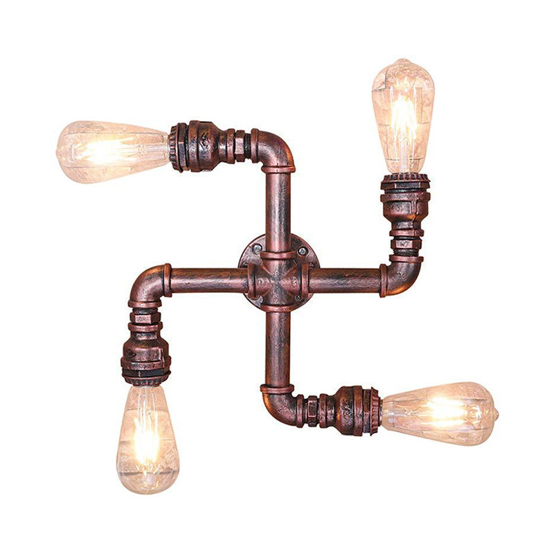 Water Pipe Wrought Iron Sconce Lamp with Exposed Bulb Industrial 4 Lights Restaurant Wall Light in Antique Copper Clearhalo 'Art deco wall lights' 'Cast Iron' 'Glass' 'Industrial wall lights' 'Industrial' 'Middle century wall lights' 'Modern' 'Rustic wall lights' 'Tiffany' 'Traditional wall lights' 'Wall Lamps & Sconces' 'Wall Lights' Lighting' 139297