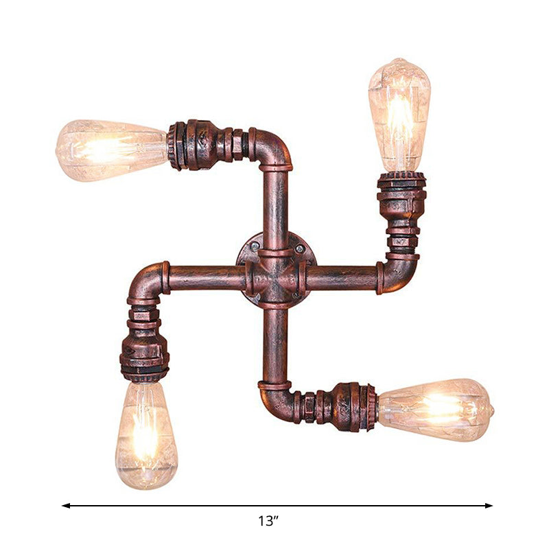 Water Pipe Wrought Iron Sconce Lamp with Exposed Bulb Industrial 4 Lights Restaurant Wall Light in Antique Copper Clearhalo 'Art deco wall lights' 'Cast Iron' 'Glass' 'Industrial wall lights' 'Industrial' 'Middle century wall lights' 'Modern' 'Rustic wall lights' 'Tiffany' 'Traditional wall lights' 'Wall Lamps & Sconces' 'Wall Lights' Lighting' 139298