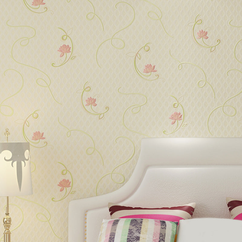 Rural Flower Lotus Wallpaper Roll Soft Color Stain Resistant Wall Art for Bedroom Clearhalo 'Country wall decor' 'Rustic' 'Wallpaper' Wall Decor' 1395523