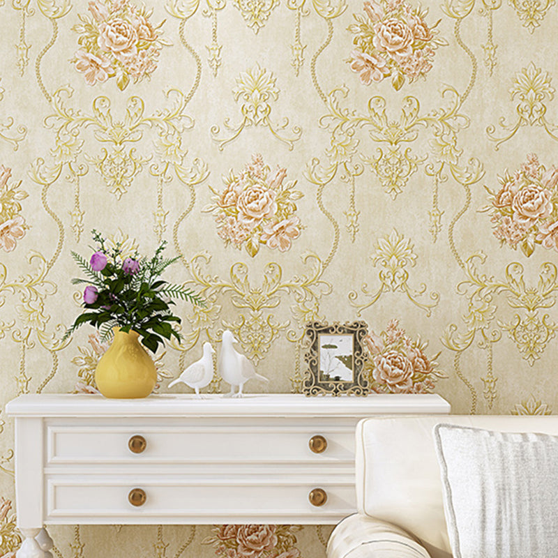 Embossed Soft Color Wallpaper Rural Peonies Wall Decor for Living Room, 33' L x 20.5" W Light Coffee Clearhalo 'Country wall decor' 'Rustic' 'Wallpaper' Wall Decor' 1395871
