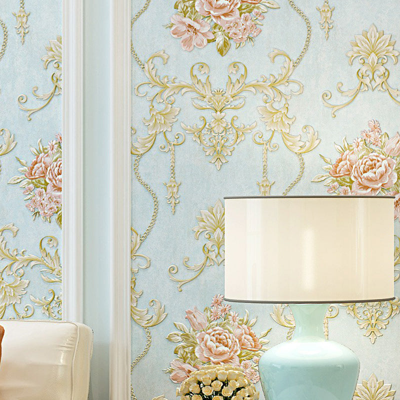 Embossed Soft Color Wallpaper Rural Peonies Wall Decor for Living Room, 33' L x 20.5" W Light Blue Clearhalo 'Country wall decor' 'Rustic' 'Wallpaper' Wall Decor' 1395877