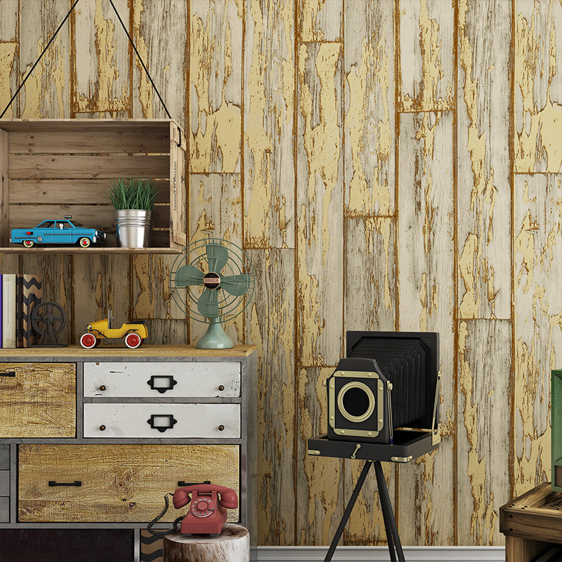 Weathered Wood Look Wallpaper in Dark Color Countryside Wall Art for Dining Room Light Yellow Clearhalo 'Country wall decor' 'Rustic' 'Wallpaper' Wall Decor' 1396195