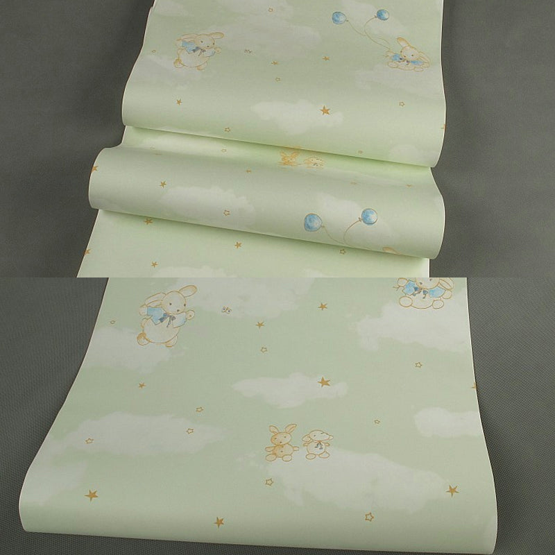 Rabbit with Balloons Patterned Wallpaper Pastel Color Novelty Wall Art for Kindergarten Light Green Clearhalo 'Wall Decor' 'Wallpaper' 1396529