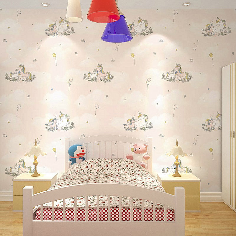 Cute Cartoon Unicorn Wallpaper for Childrens Bedroom, Soft Color, 31' L x 20.5" W Pink Clearhalo 'Wall Decor' 'Wallpaper' 1396544