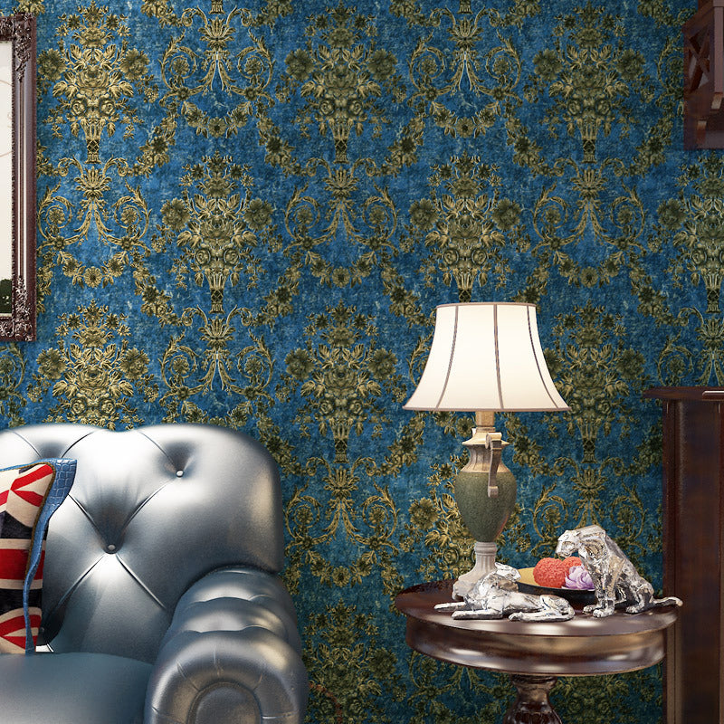 3D Embossed Washable Wallpaper Retro Style Jacquard Wall Decor for Home, Unpasted Antique Blue Clearhalo 'Vintage wall decor' 'Vintage' 'Wallpaper' Wall Decor' 1396628