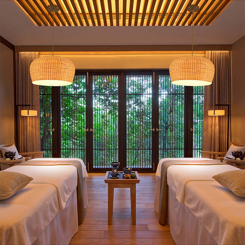 12"/19.5" Wide Dome Woven Bamboo Ceiling Pendant Lamp Asian Single Light Beige Hanging Light for Restaurant Dining Room Clearhalo 'Ceiling Lights' 'Pendant Lights' 'Pendants' Lighting' 139851