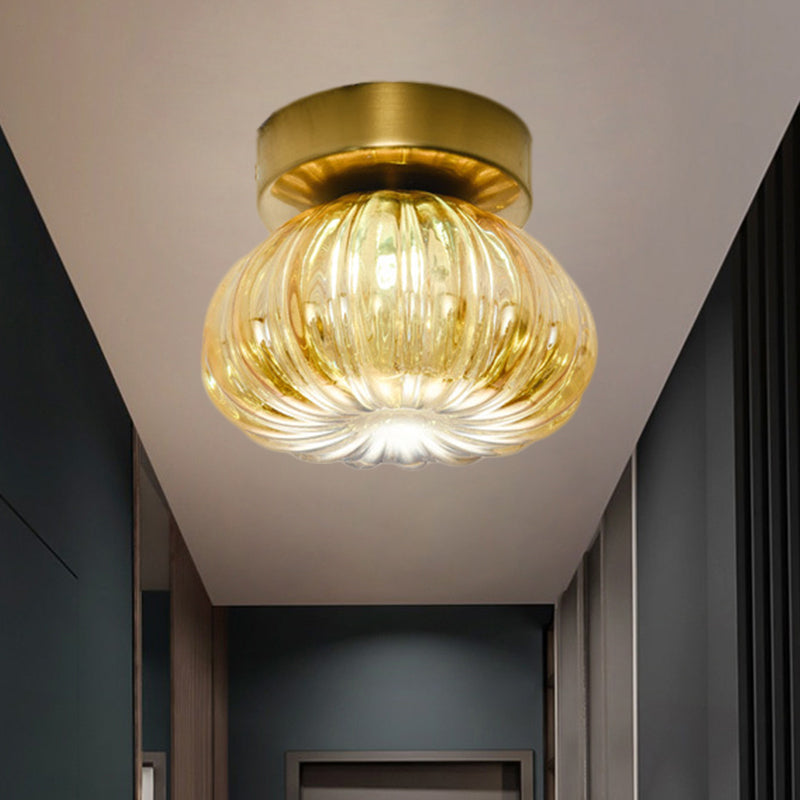 Modernist Spheroid Flush Mount Clear/Amber Ribbed Glass Single Head Corridor LED Ceiling Light Fixture, 5.5"/11" W Clearhalo 'Ceiling Lights' 'Close To Ceiling Lights' 'Close to ceiling' 'Flush mount' Lighting' 1398819