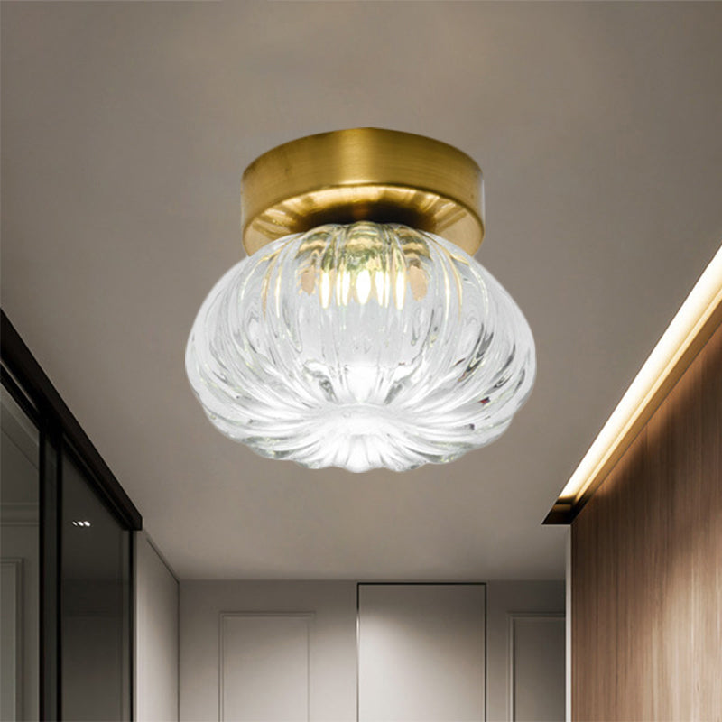 Modernist Spheroid Flush Mount Clear/Amber Ribbed Glass Single Head Corridor LED Ceiling Light Fixture, 5.5"/11" W Clear 5.5" Clearhalo 'Ceiling Lights' 'Close To Ceiling Lights' 'Close to ceiling' 'Flush mount' Lighting' 1398822