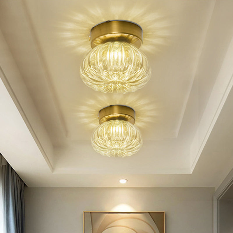 Modernist Spheroid Flush Mount Clear/Amber Ribbed Glass Single Head Corridor LED Ceiling Light Fixture, 5.5"/11" W Clearhalo 'Ceiling Lights' 'Close To Ceiling Lights' 'Close to ceiling' 'Flush mount' Lighting' 1398823