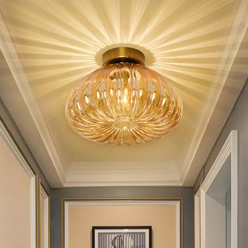 Modernist Spheroid Flush Mount Clear/Amber Ribbed Glass Single Head Corridor LED Ceiling Light Fixture, 5.5"/11" W Amber 10" Clearhalo 'Ceiling Lights' 'Close To Ceiling Lights' 'Close to ceiling' 'Flush mount' Lighting' 1398826