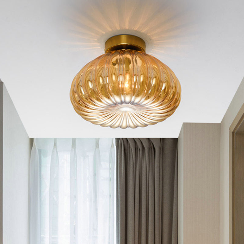 Modernist Spheroid Flush Mount Clear/Amber Ribbed Glass Single Head Corridor LED Ceiling Light Fixture, 5.5"/11" W Clearhalo 'Ceiling Lights' 'Close To Ceiling Lights' 'Close to ceiling' 'Flush mount' Lighting' 1398827