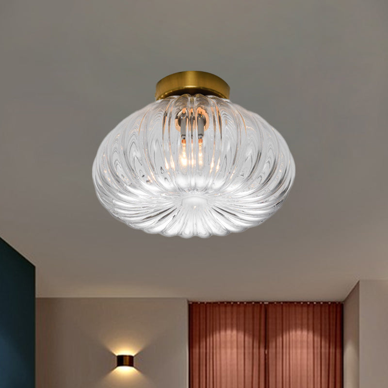 Modernist Spheroid Flush Mount Clear/Amber Ribbed Glass Single Head Corridor LED Ceiling Light Fixture, 5.5"/11" W Clear 10" Clearhalo 'Ceiling Lights' 'Close To Ceiling Lights' 'Close to ceiling' 'Flush mount' Lighting' 1398830