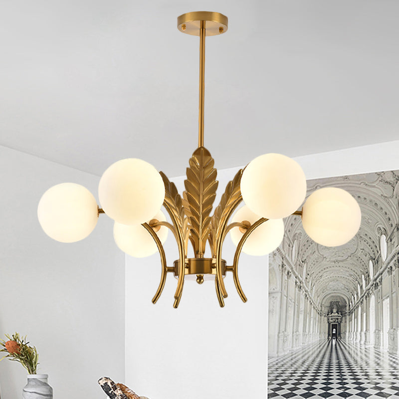 Sphere Ceiling Light Simplicity White/Pink/Cognac Glass 6-Bulb Drawing Room LED Hanging Chandelier with Leaf Decor White Clearhalo 'Ceiling Lights' 'Chandeliers' 'Glass shade' 'Glass' 'Modern Chandeliers' 'Modern' Lighting' 1398948