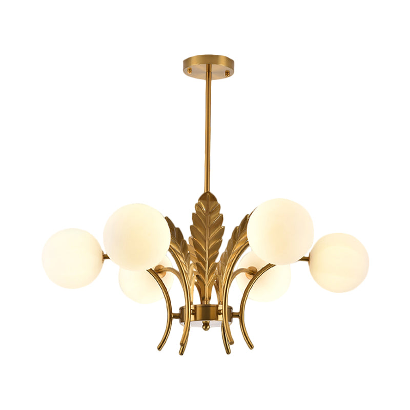 Sphere Ceiling Light Simplicity White/Pink/Cognac Glass 6-Bulb Drawing Room LED Hanging Chandelier with Leaf Decor Clearhalo 'Ceiling Lights' 'Chandeliers' 'Glass shade' 'Glass' 'Modern Chandeliers' 'Modern' Lighting' 1398949
