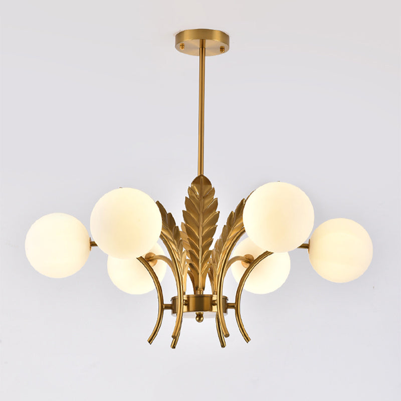 Sphere Ceiling Light Simplicity White/Pink/Cognac Glass 6-Bulb Drawing Room LED Hanging Chandelier with Leaf Decor Clearhalo 'Ceiling Lights' 'Chandeliers' 'Glass shade' 'Glass' 'Modern Chandeliers' 'Modern' Lighting' 1398950