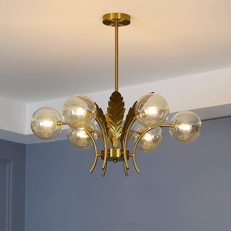 Sphere Ceiling Light Simplicity White/Pink/Cognac Glass 6-Bulb Drawing Room LED Hanging Chandelier with Leaf Decor Cognac Clearhalo 'Ceiling Lights' 'Chandeliers' 'Glass shade' 'Glass' 'Modern Chandeliers' 'Modern' Lighting' 1398956